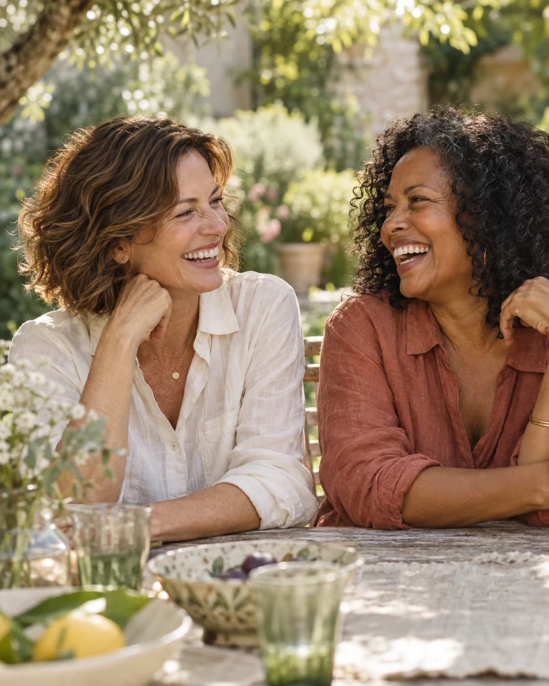 Two friends sharing a relaxed, joyful moment in a sunlit garden